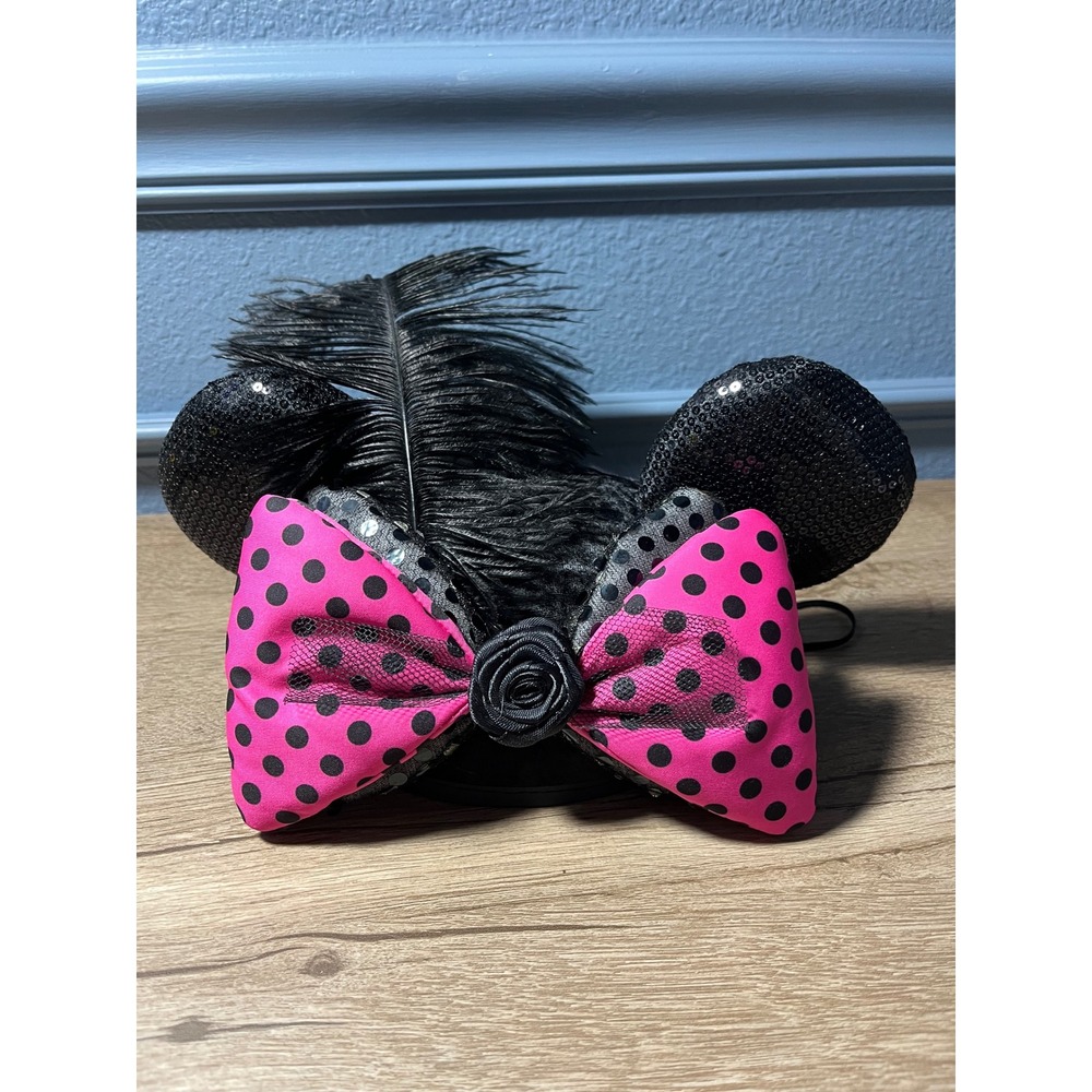 Disney Parks Minnie Mouse Ears Black Sequin Pink Polka Dot Bow Youth Hat‎